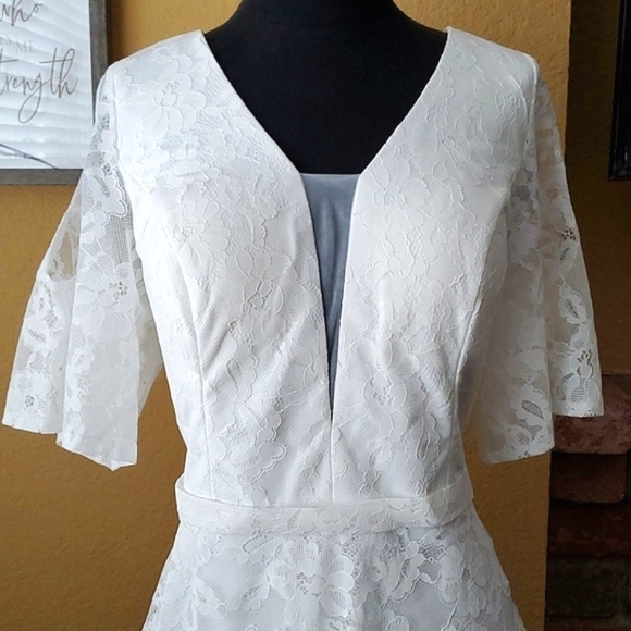 🆕️ SHEIN White Lace Cold Shoulder High Low Wedding Dress SIZE: XL - Picture 3 of 16